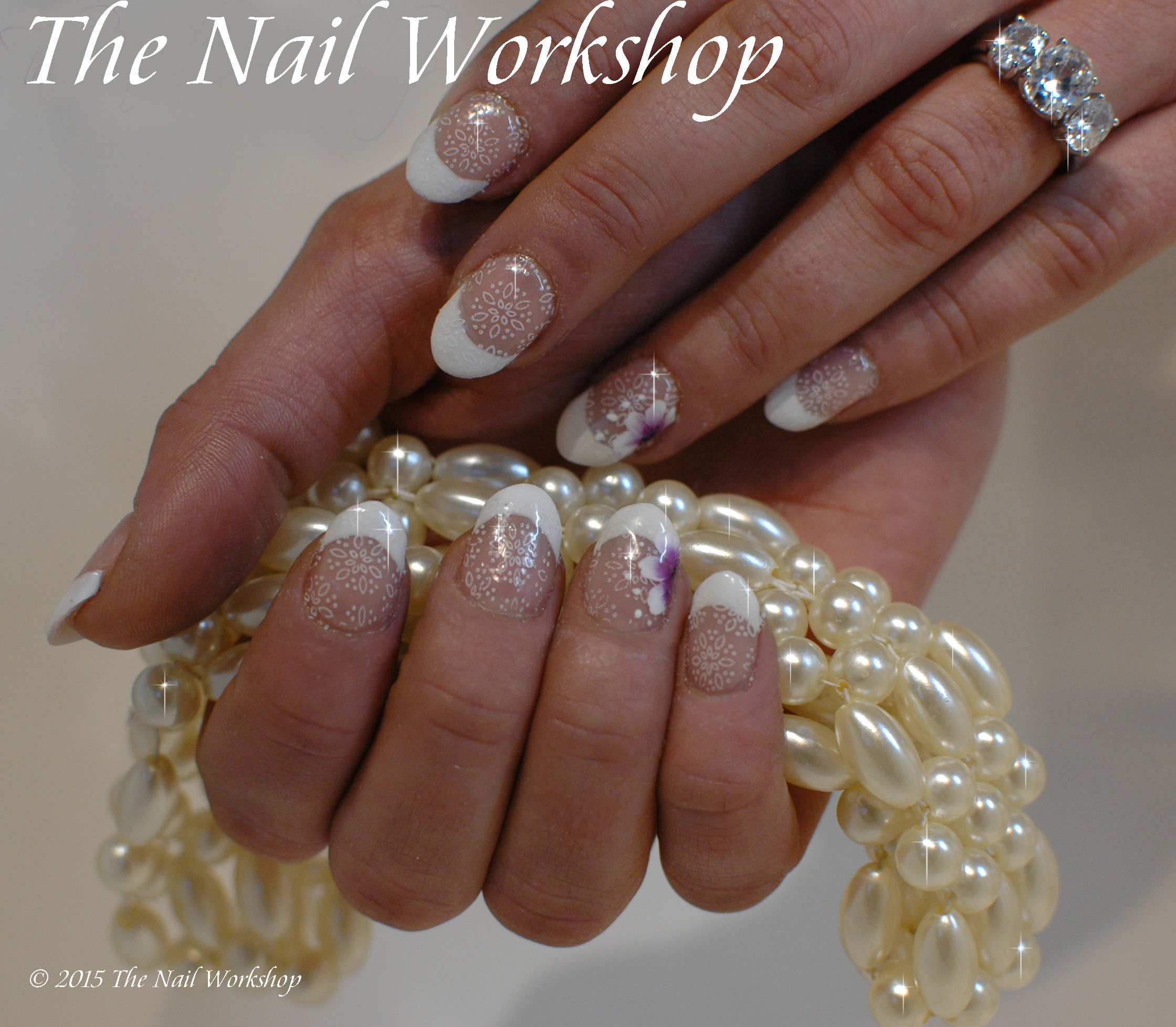 Wedding Nails Natural French with lace stamping and colour